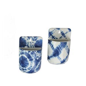 Set of 2 Blue and White Shibori Style Dyed Ceramic Wall Pocket Hangings